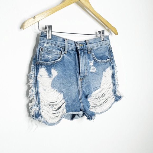CARMAR High Rise Destressed denim shorts medium wash stretch thrashed SHORTS 26 - Picture 2 of 8